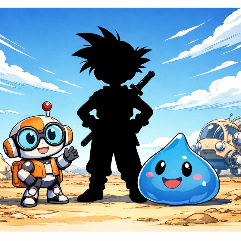 토리야마 아키라의 만화·게임 디자인 세계를 떠올리게 하는 오리지널 헤더 일러스트(모험, 유머, SF/RPG 분위기)