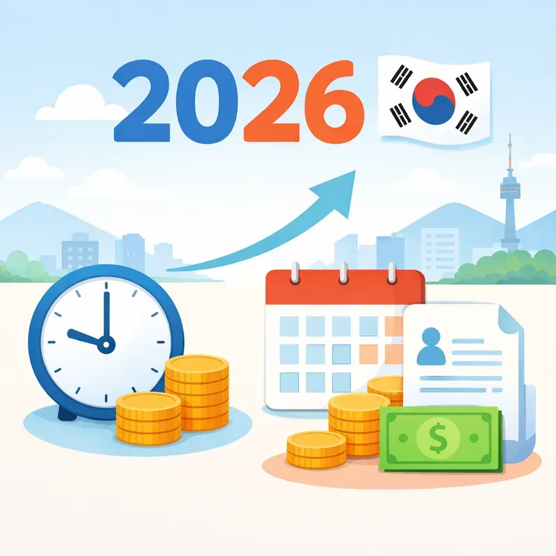 2026년 최저임금 인상과 월급·알바 시급 변화를 한눈에 보여주는 깔끔한 플랫 스타일 일러스트