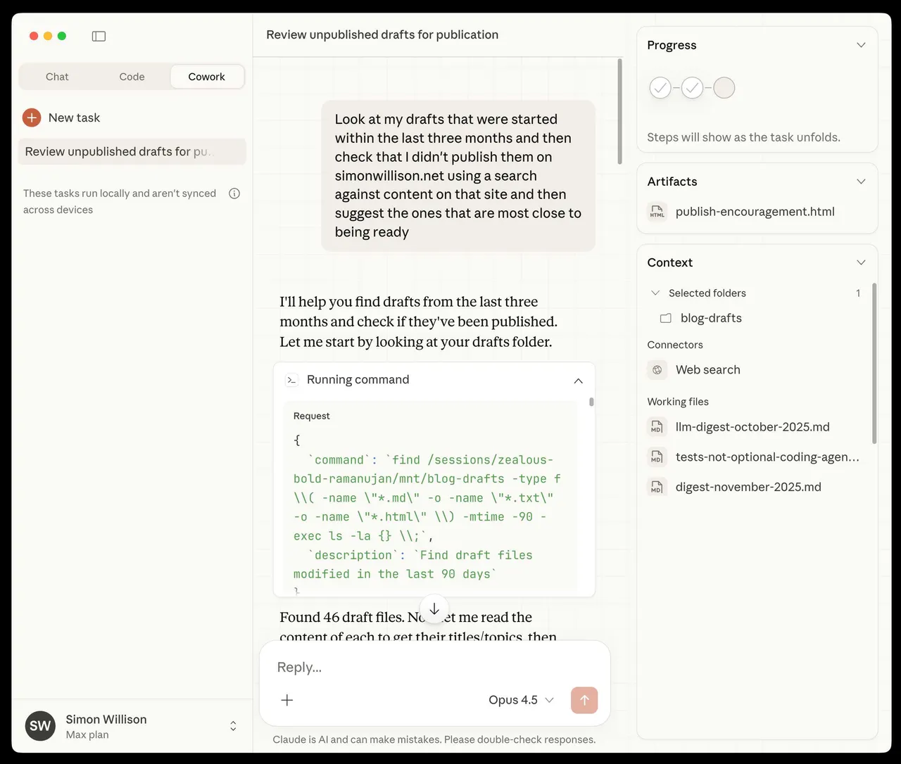 Claude Cowork 인터페이스에서 블로그 초안 폴더를 분석하는 작업 화면