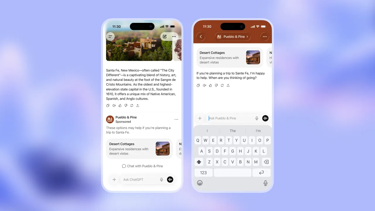 여행 관련 대화 옆에 스폰서 숙소 목록이 노출되는 모바일 화면 예시